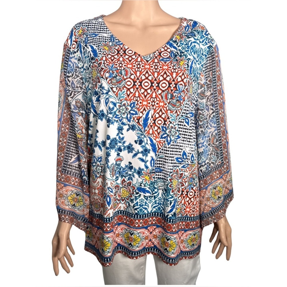 Chico's Medallion Floral Print Bell Sleeve V-Neck Blouse Blue Orange Size XL